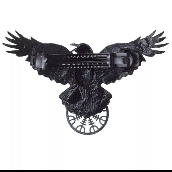 Black titanium raven Crow hair clip boho punk goth large wing span about 5in new - Picture 3 of 10
